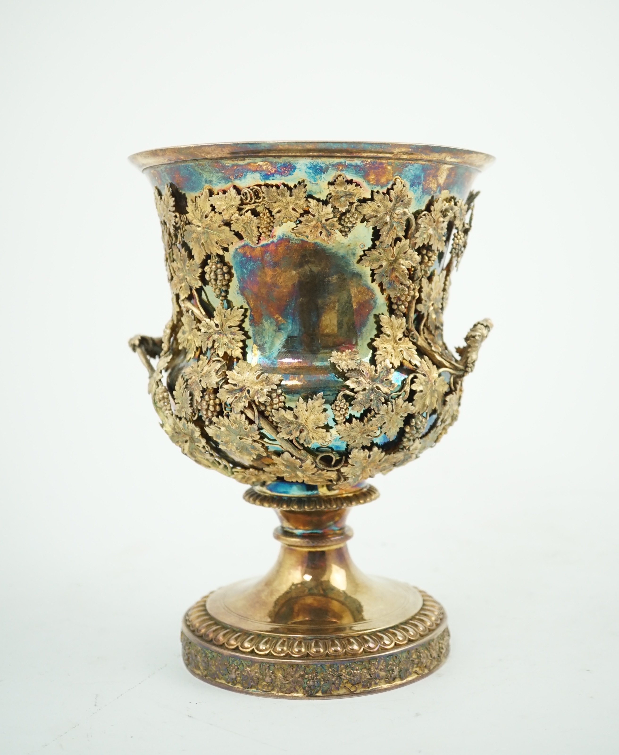 A late George III silver gilt two handled campana vase, maker's mark rubbed